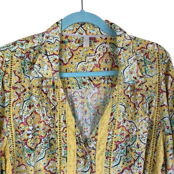 Anthropologie Pilcro Sz 1X Pintuck Peasant Blouse Yellow Floral Crochet Cottage - Picture 5 of 16